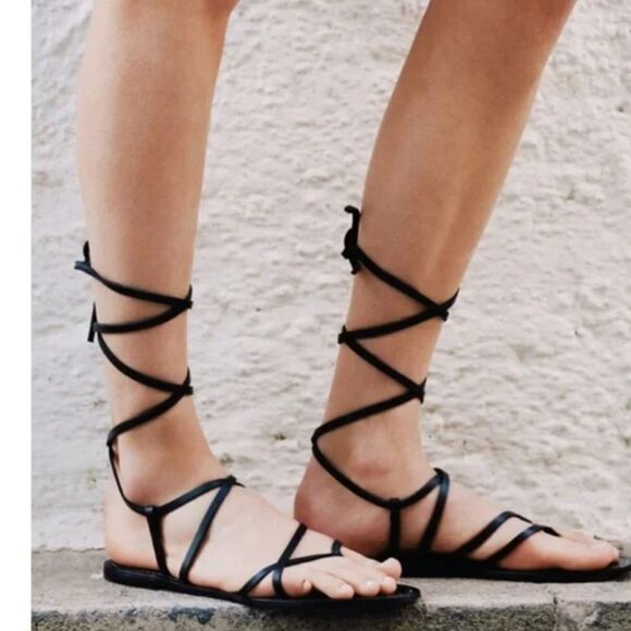 NWOT Zara Lace Up Tied Leather Jute Leather Black Sandals Size 41 - Picture 1 of 8